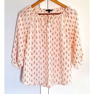 Dora Landa 100% Silk anchor print tie-neck blouse 3/4 sleeve white/orange Sz Med